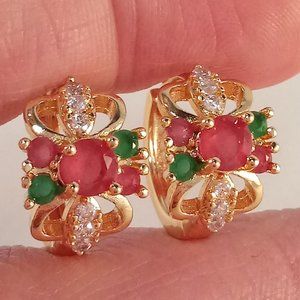 18K Yellow Gold Filled Ruby Jade Diamond Zircon Flower Hoop Earrings Party Gift